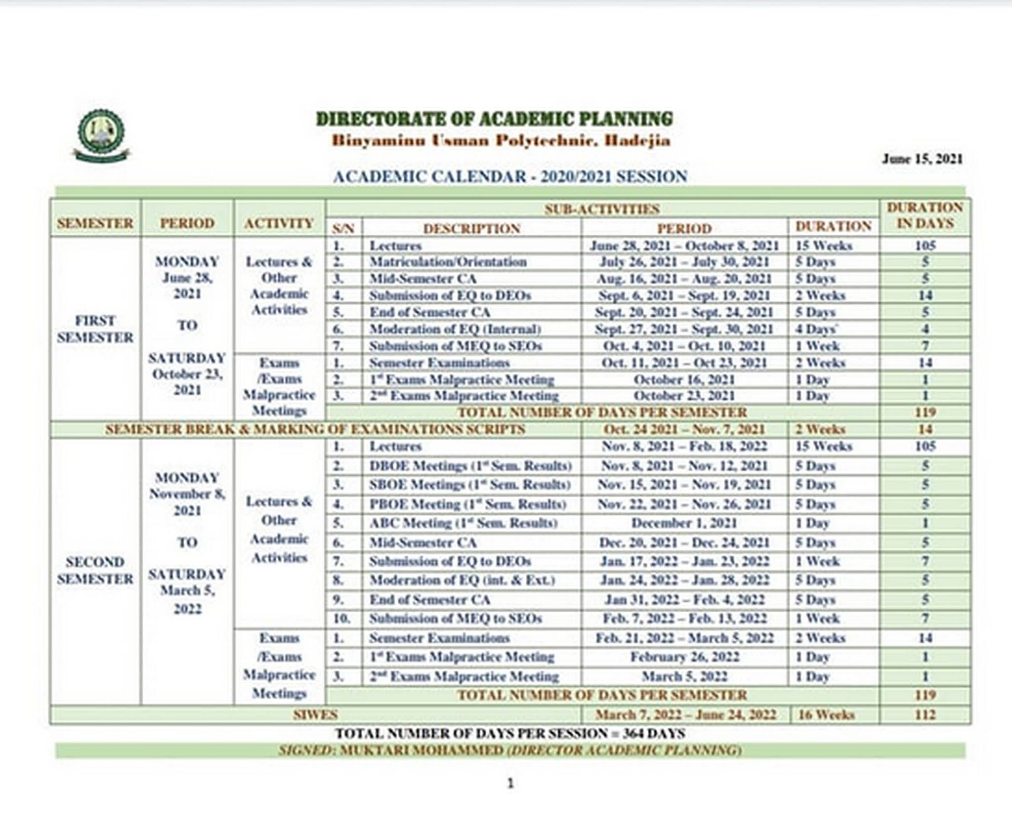 Bu Academic Calendar 2023 Binyaminu Usman Poly Academic Calendar 2020/2021 [Revised]