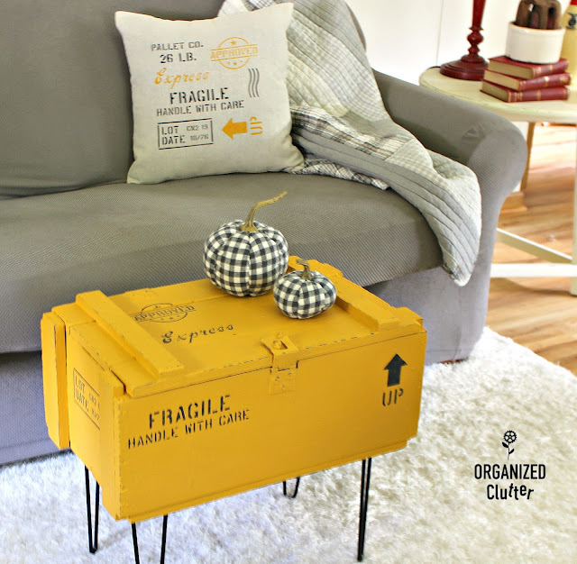 A Shipping Crate Stenciled Throw Pillow & Crate Table #oldsignstencils #stencil #colonelmustard #hairpinlegs