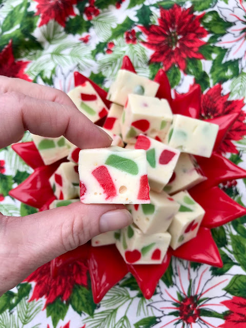 Close up view of a piece of Christmas gum drop nougat candy.