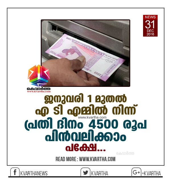 The RBI has decided to increase the cash withdrawal limit from ATMs to Rs 4,500 per day from the present Rs 2,500 with effect from January 1. However, there is no change in the weekly withdrawal limits, which stays at Rs 24,000.