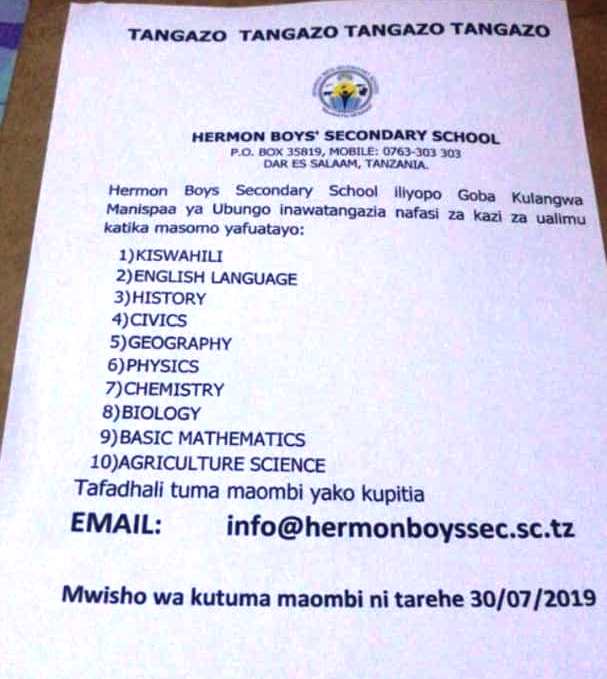 New Teaching Opportunities at Hermon Boy's Secondary School