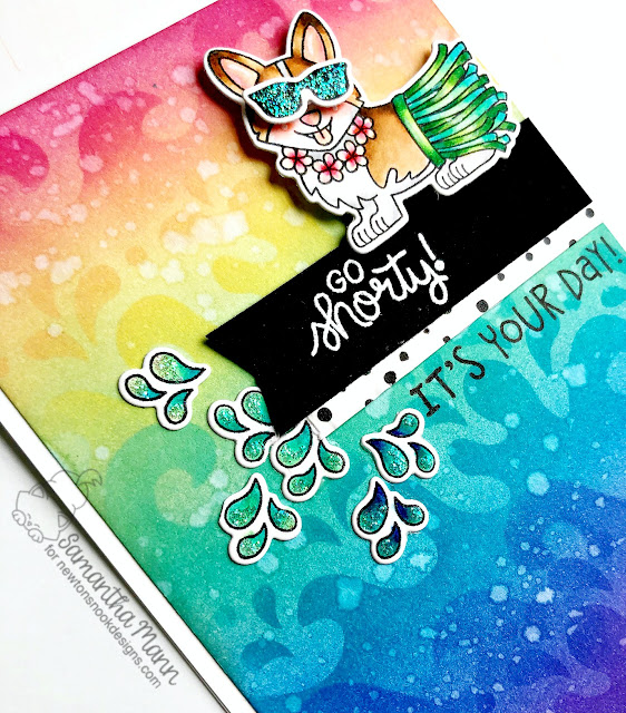 Go Shorty! It's Your Day Card by Samantha Mann for Newton's Nook Designs, stickles, Birthday Card, birthday, Rainbow, waves, Stencil, Distress Inks, Ink Blending #newtonsnook #distressinks #inkblending #birthdaycard #corgi