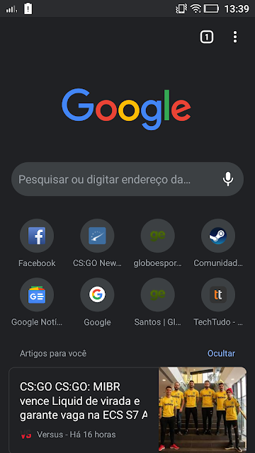 Google Chrome para dispositivos Android com o modo escuro ativado