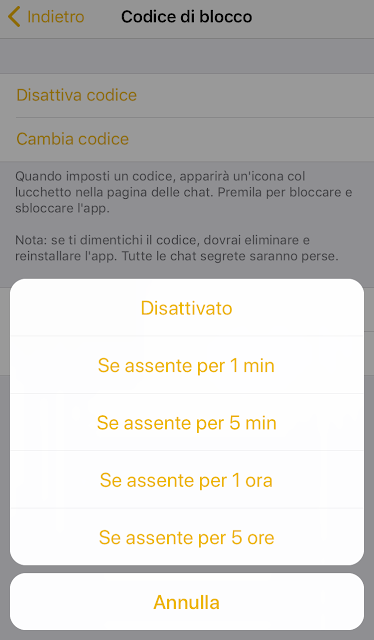 Impostazioni del Blocco automatico su Telegram Messenger per iOS