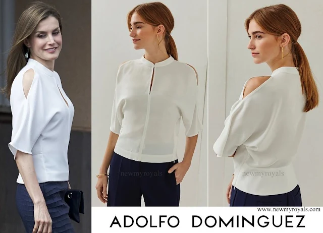 Queen Letizia wore Adolfo Dominguez short sleeve cold shoulder blouse