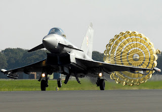 Typhoon fighter jet deploys a brake parachute