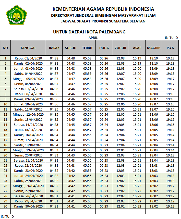Jadwal Imsakiyah Ramadhan 2020 / 1441 H Kota Palembang