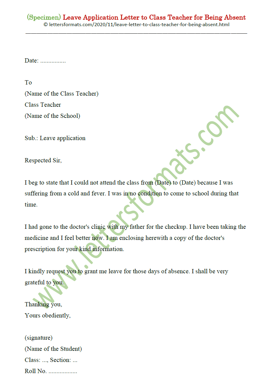 format-of-letter-to-class-teacher-for-being-absent-from-school