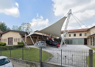 Helicopters on display outside the MV Agusta museum in Cascina Costa