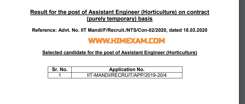 IIT Mandi Assistant Engineer (Horticulture) Result 2021 IIT Mandi Assistant Engineer (Horticulture) Result 2021