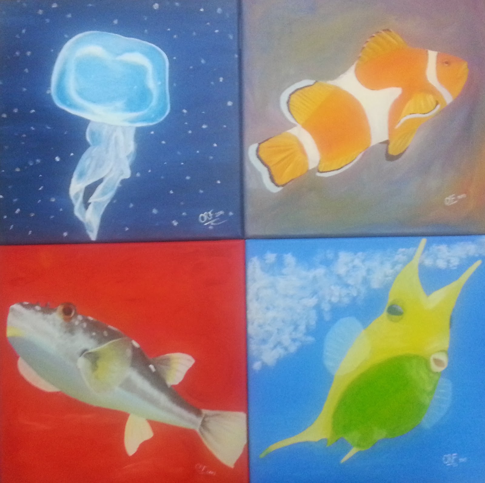 Jellyfish, clown fish, puffer fish, box fish paintings