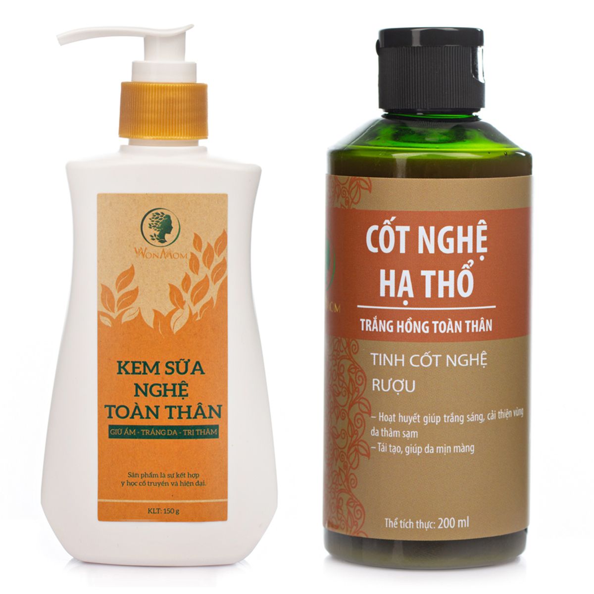 BỘ DƯỠNG TRẮNG DA BODY, MỜ THÂM RẠN CHO MẸ SAU SINH WONMOM (1 KEM SỮA NGHỆ TOÀN THÂN + 1 CỐT NGHỆ HẠ THỔ)