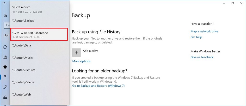 select network folder file history windows 10 1