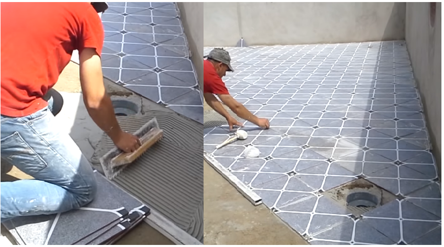 Installation Of Ceramic Tile For The Surface With Cement Mixture Installation Of Ceramic Tile For The