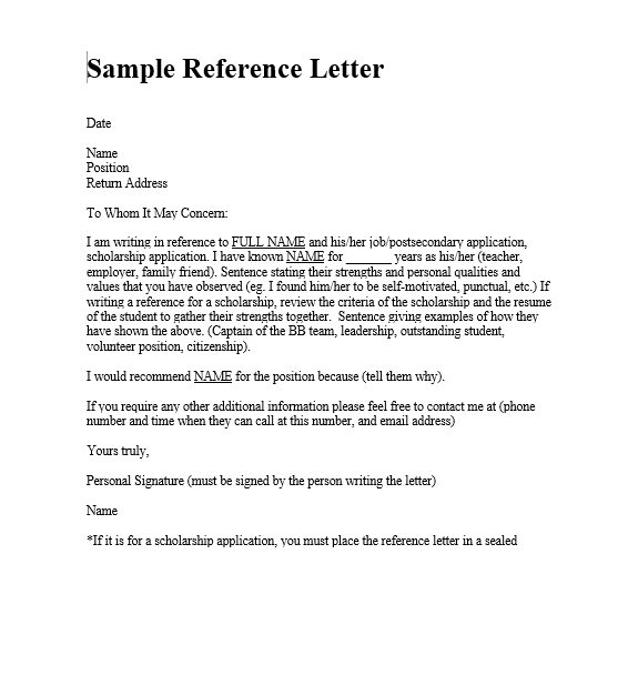 Standard Reference Letter ~ Certificate Letter