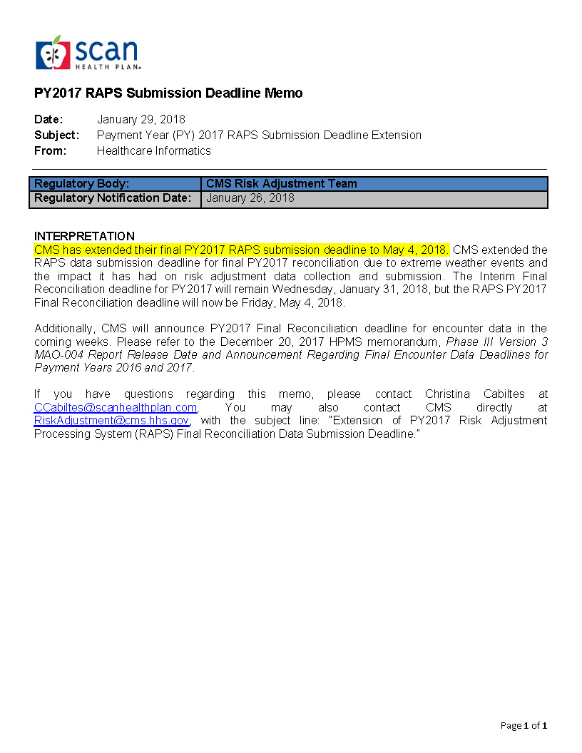HCC University RAPS Submission Deadline Extension Memo