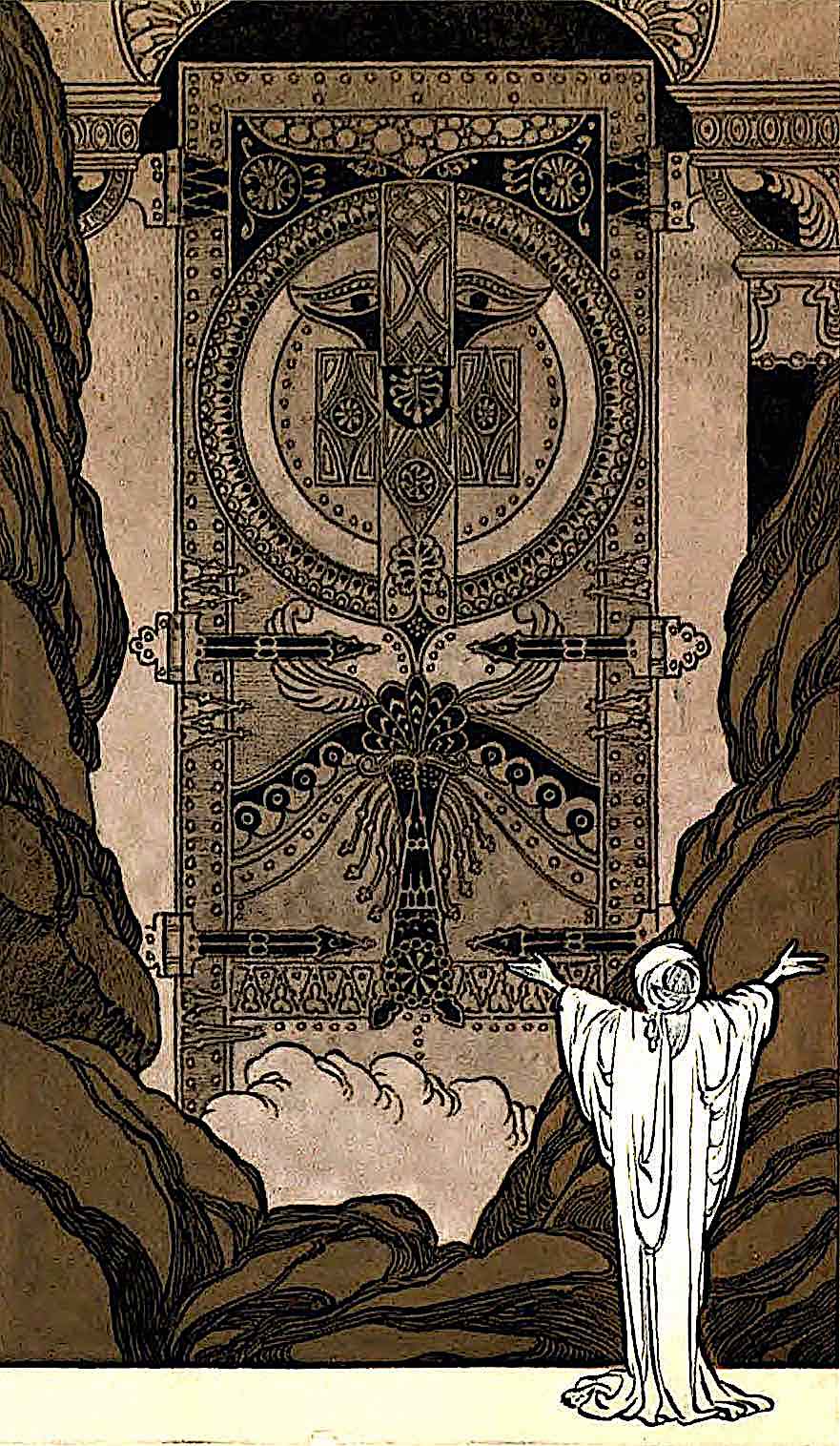 Rene Bull illustration 1913 a Rene Bull illustration 1913, a figure summoning open giant gates