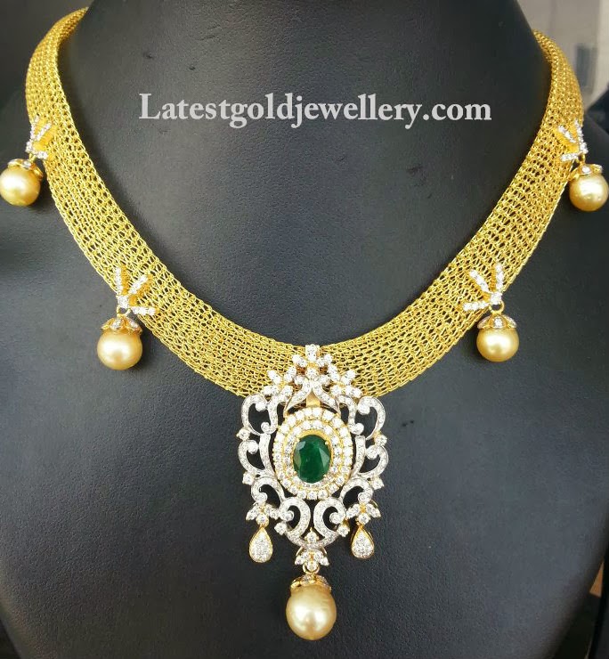 Gold Mesh Necklace with Diamond Pendant | Latest Gold Jewellery Designs
