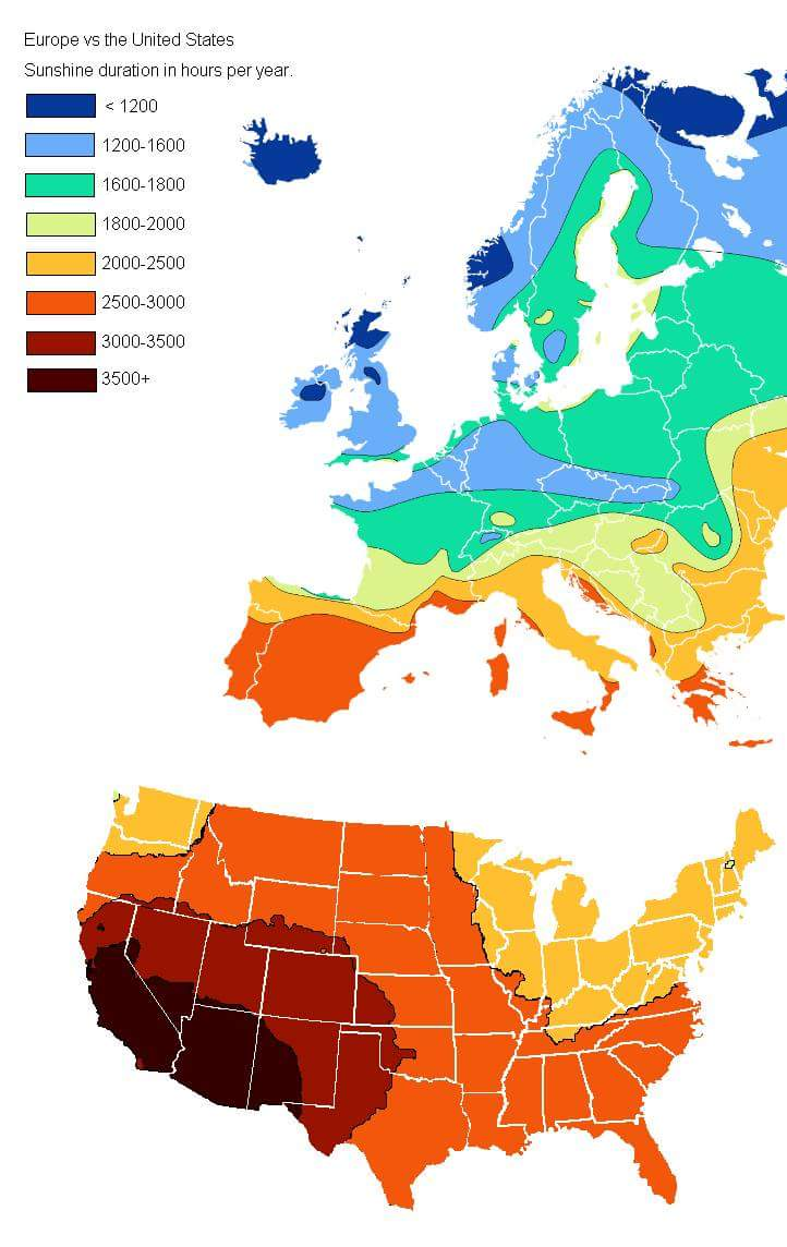 Europe vs U.S. Sunshine duration in hours per year