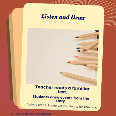 Image: polaroid photo with colored pencils. Text reads: Listen and Draw.  Teacher reads a familiar text. Students draw events from the story. Activity Credit:  Laurie Clarcq, Hearts for Teaching