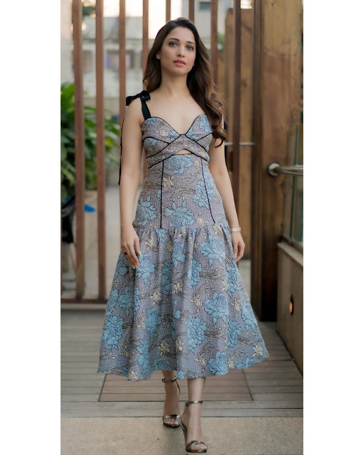 Tamannaah Hot in blue sleeveless floral dress