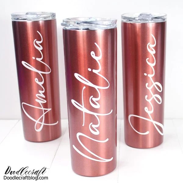 Learn how to personalize tumblers using a Cricut machine and permanent vinyl. These stunning tumblers make a great gift for teachers, bridesmaids or handmade holidays. Take it a step further and make tumblers to sell as a side hustle.