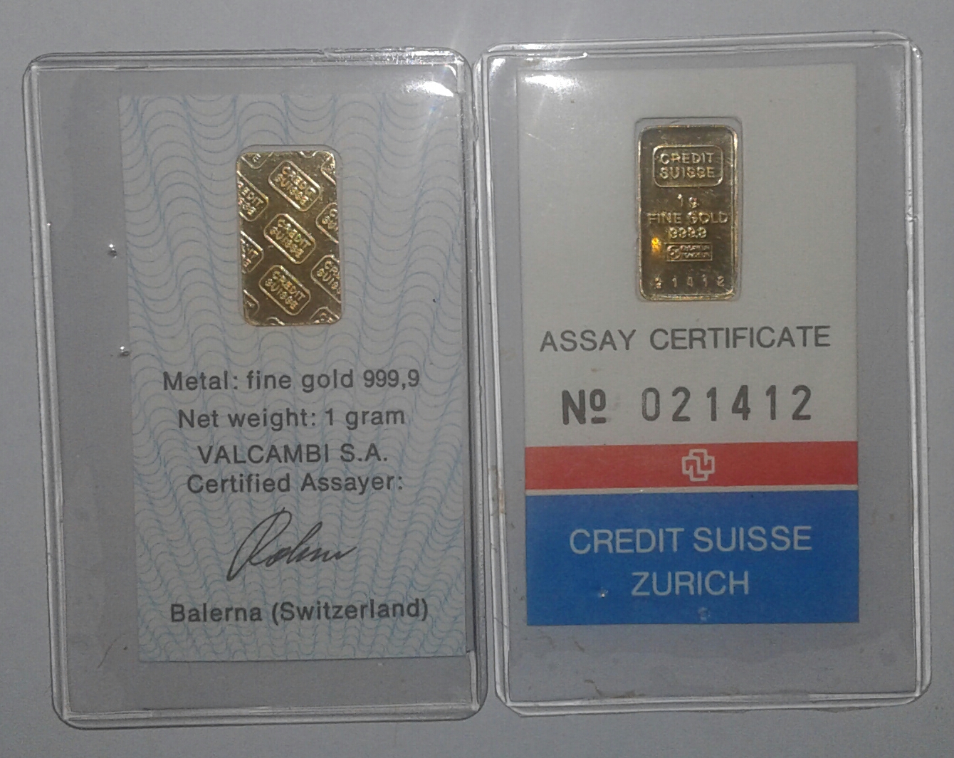 1 gram Swiss gold bar 24Carat fineness 999,9% purity