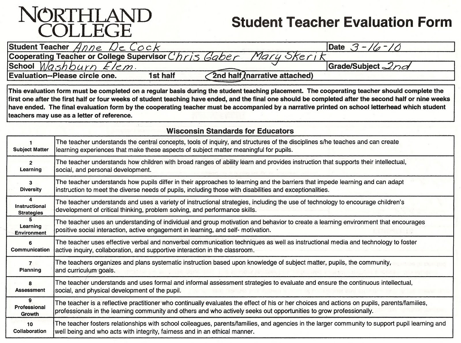 Mrs. Pedersen's Classroom Artifact 9 Student Teacher Evaluation Form