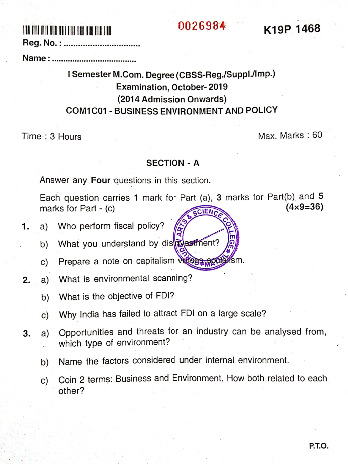 Kannur University COM1C01 BUSINESS ENVIRONMENT AND POLICY