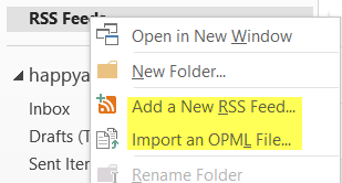 импортировать RSS-каналы в Outlook