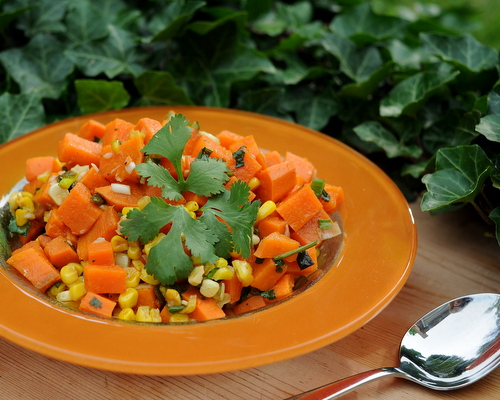 Sweet Potato Salad with Roasted Poblano, Roasted Corn & Chipotle ♥ KitchenParade.com, summery sweet potato salad with roasted poblano pepper and roasted corn. Vegan. Pure Summer. No Mayo. Great for Potlucks.