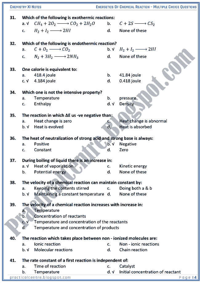 Energetics Of Chemical Reaction - MCQs - Chemistry XI