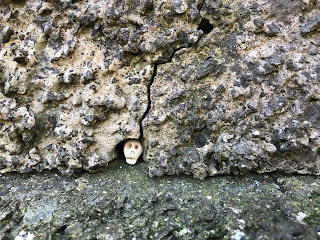 Photo showing a crudely made ceramic skull, Skulferatu, in a hollow in the wall of the SEPA Monitoring Site, Craighall.  Photo by Kevin Nosferatu for the Skulferatu Project