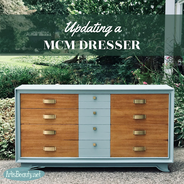BEFORE AND AFTER MID CENTURY MOD MCM DRESSER UPDATE USING GENERAL FINISHES MILK PAINT IN PERSIAN BLUE 