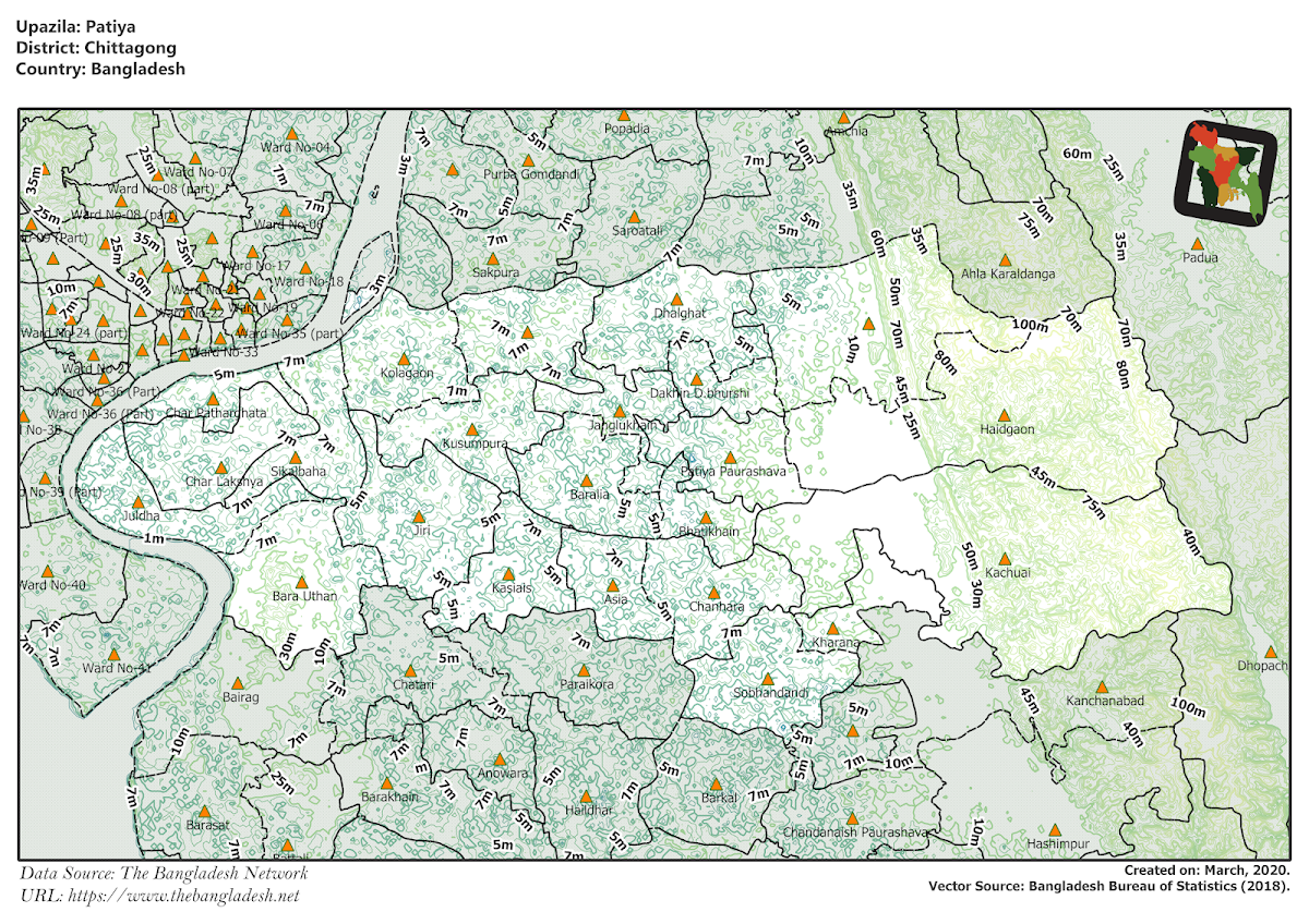 Patiya Upazila Elevation Map Chittagong District Bangladesh