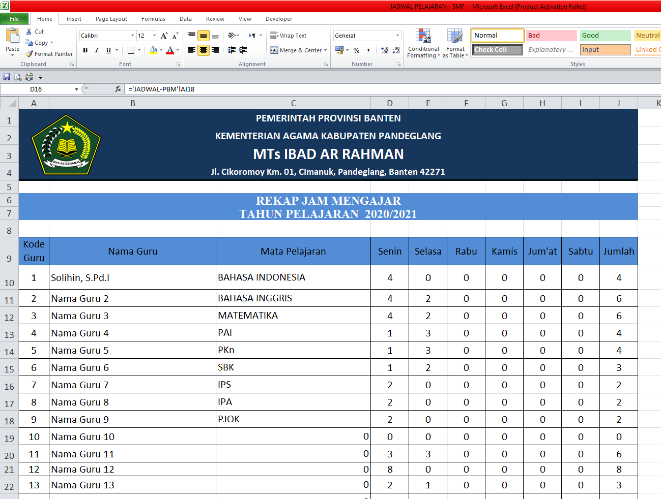 Aplikasi Jadwal Pelajaran Anti Bentrok Tingkat SMP/MTs