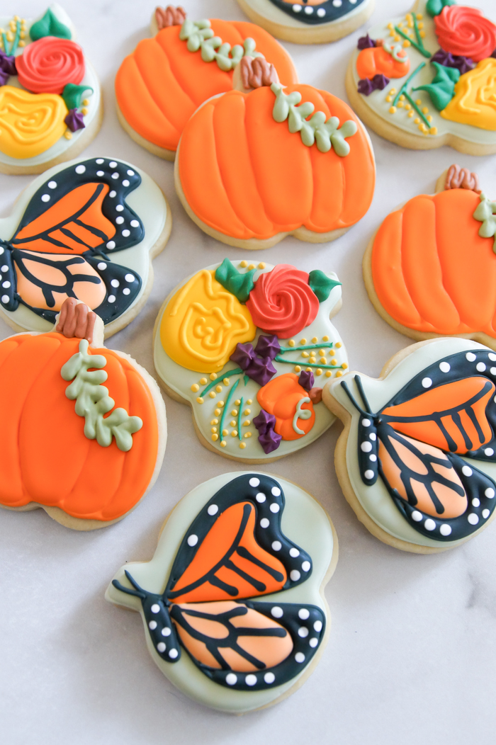 pumpkin, butterfly, and floral cookies for fall...made from ONE cookie cutter!