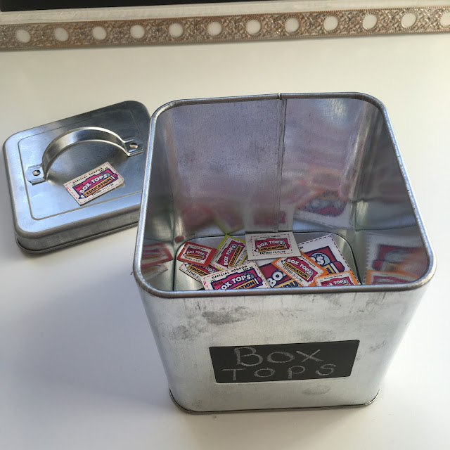 Love this metal canister from the Target Dollar Spot for collecting Box Tops