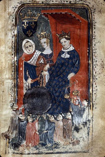 Французская королевская семья, миниатюра XIV века.  В центре – королева Жанна Бургундская, умершая от чумы