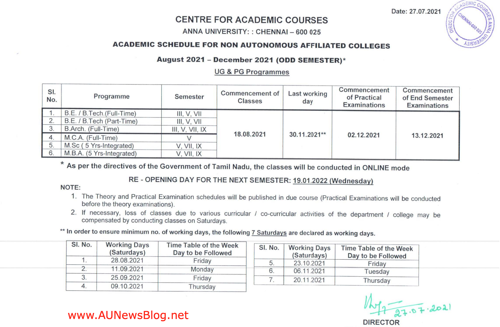 Anna University Academic Schedule UG & PG August to December 2021