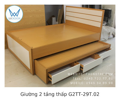 Giường tầng thấp vân gỗ tự nhiên màu vàng bích G2TT-29T.02