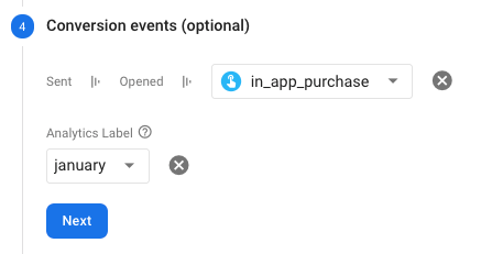 When you set up a Cloud Messaging campaign in the Notifications composer, you can use the dropdown menu in step 4 for Conversion events to choose an analytics label