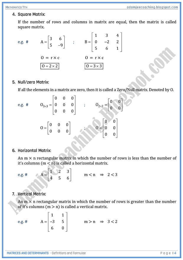 Adamjee Coaching Matrices and Determinants Definitions and Formulae
