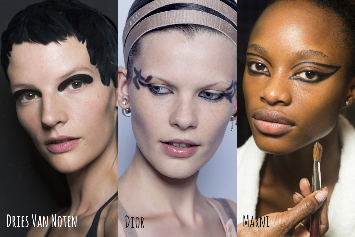 makeup collage with three woman models wearing a trendy runway look at dries von noten fashion show