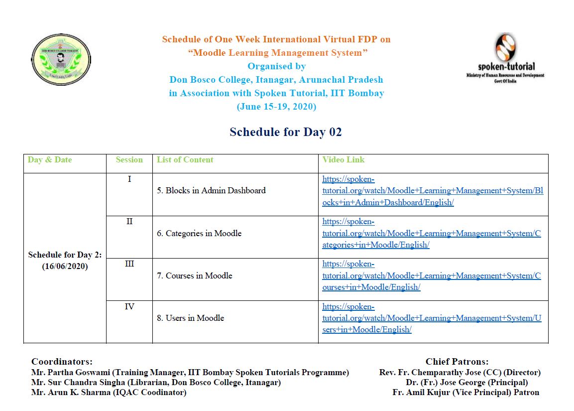 Don Bosco College - Central Library - Itanagar - Arunachal Pradesh: Schedule for Day 2 : One