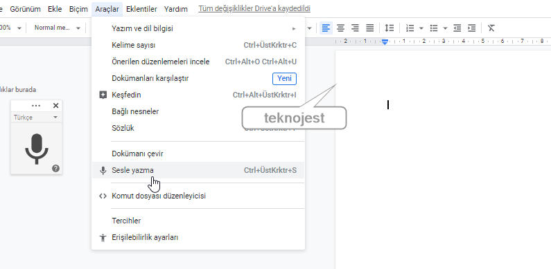 Google dökümanlar sesi yazıya çevirme