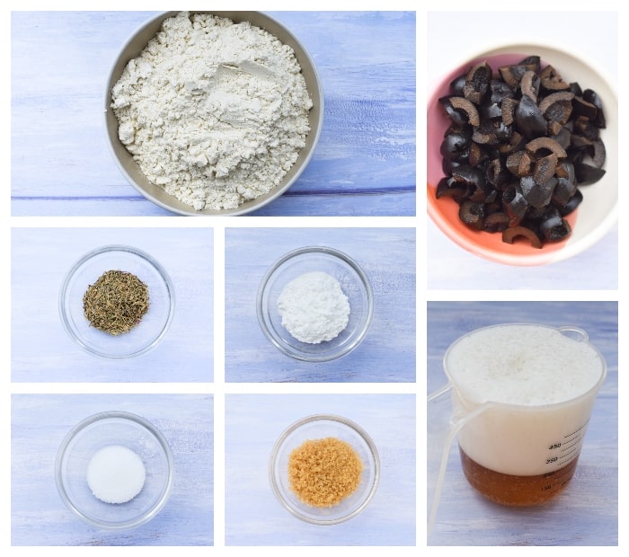 Ingredients for No Knead Black Olive Beer Bread - flour, sugar, salt, baking powder, dried thyme, olives and beer