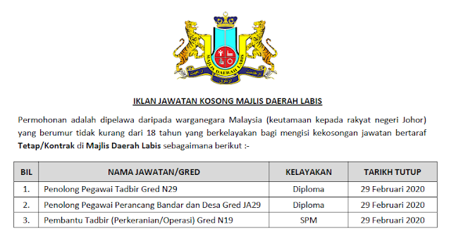 jawatan kosong majlis daerah labis 2020