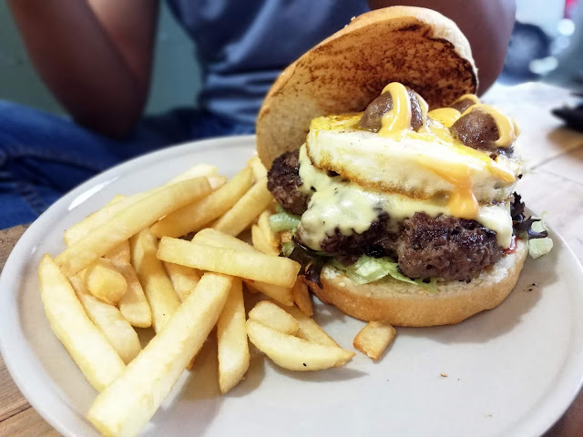 hot mama tower burger. plain bun australian beef meatballs egg salad fries