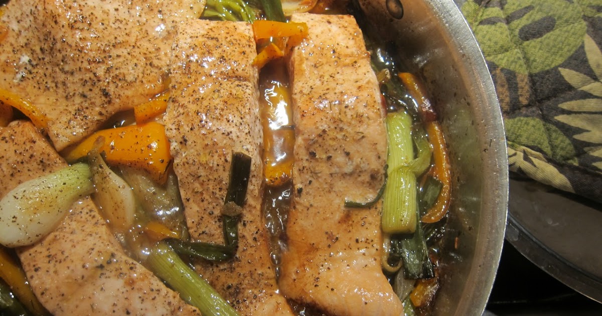 Cuisine Ici Salmon Braised with Cambray Onions and Orange Peppers